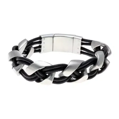 Fine Jewelry Mens Braided Black Leather Stainless Steel Bracelet In White