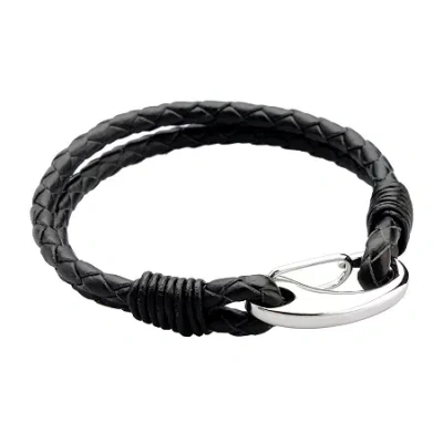 Fine Jewelry Mens Braided Black Leather With Stainless Steel Bracelet In White