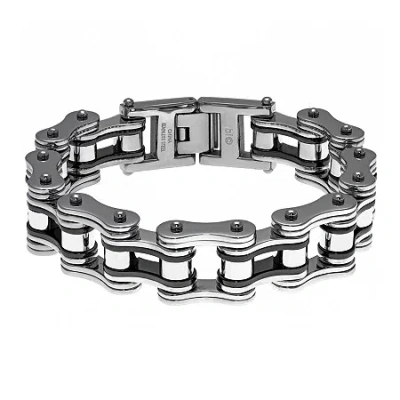 Fine Jewelry Mens Stainless Steel & Black Ip Motorcycle Bracelet In White