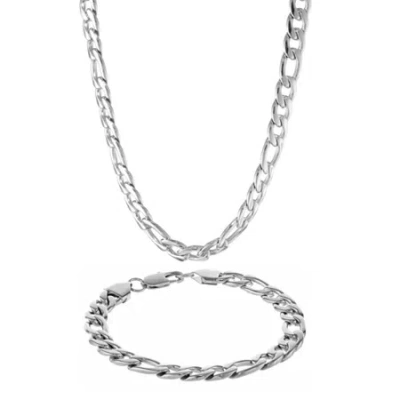 Fine Jewelry Mens Stainless Steel 9mm Figaro Chain & Bracelet Boxed Set In White