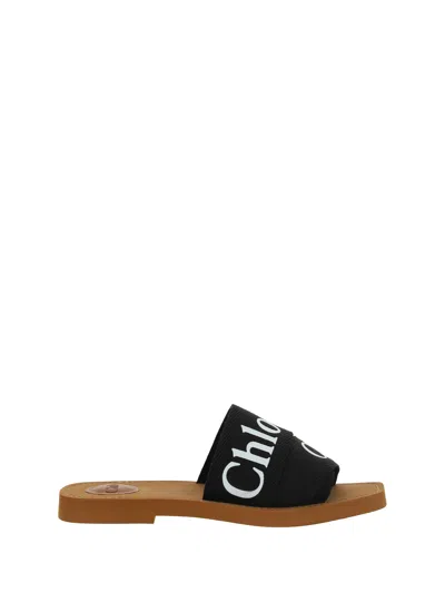 Chloé Women Woody Linen Flat Sandals In Black