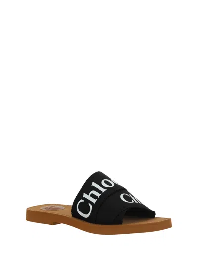 Chloé Women Woody Linen Flat Sandals In Black