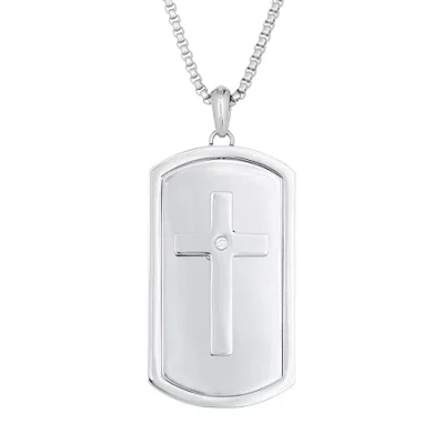 Fine Jewelry Mens White Cubic Zirconia Stainless Steel Cross Dog Tag 24 Inch Pendant Necklace In Transparent