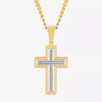Fine Jewelry Mens 1/10 Ct. T.w. White Diamond Stainless Steel Cross 24 Inch Pendant Necklace In Yellow