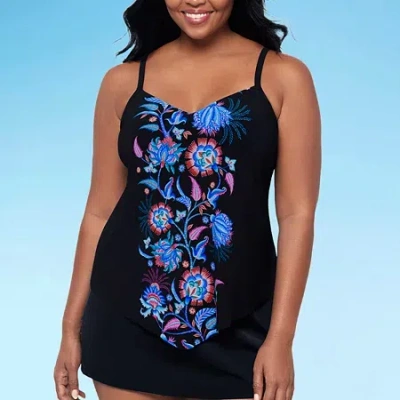 Trimshaper Womens Floral Tankini Swimsuit Top In Black