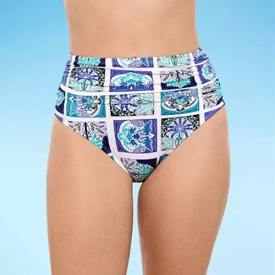 Liz Claiborne Womens Comfort Waistband Patchwork High Waist Bikini Swimsuit Bottom In Blue