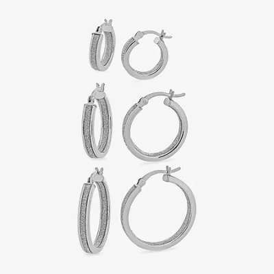 Fine Jewelry Sterling Silver Rhodium Plated Glitter Hoop Earring Set In Transparent