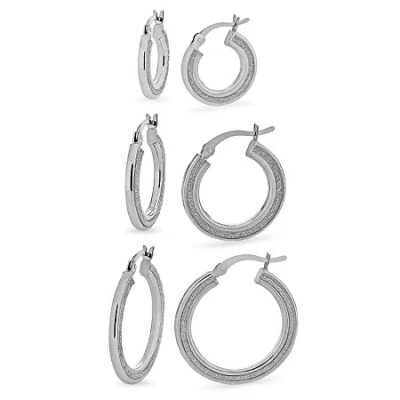 Fine Jewelry Sterling Silver Rhodium Plated Glitter Hoop Earrings Set In Transparent