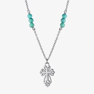Fine Jewelry Womens Enhanced Blue Turquoise Sterling Silver Cross Round 16 Inch Pendant Necklace In Transparent