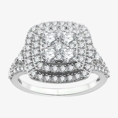 Fine Jewelry Womens 1 1/2 Ct. T.w. Lab Grown White Diamond Sterling Silver Cushion Halo Side Stone Cocktail Ring In Transparent