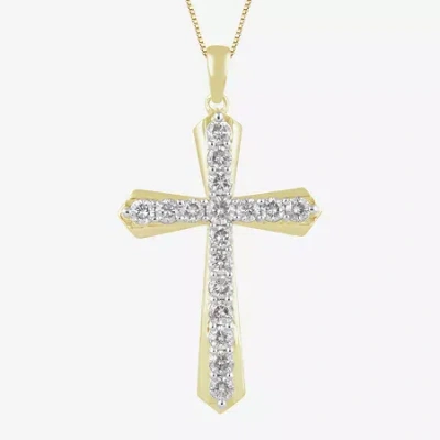 Fine Jewelry Cross (i,i2) Womens 1 Ct. T.w. Lab Grown White Diamond 14k Gold Over Silver 18 Inch Pendant Necklace In Yellow