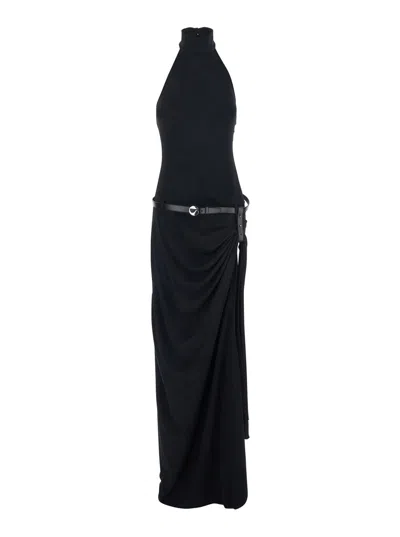 Coperni Women Black Long Dress With Open Back And Logo Belt At The Waist In Fabric Woman In Blue