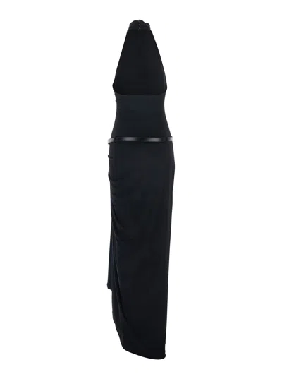 Coperni Women Black Long Dress With Open Back And Logo Belt At The Waist In Fabric Woman In Blue