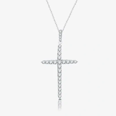 Fine Jewelry Womens 3/4 Ct. T.w. Lab Grown White Diamond Sterling Silver Cross 18 Inch Pendant Necklace In Transparent