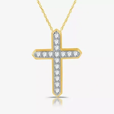 Fine Jewelry Womens 1 Ct. T.w. Lab Grown White Diamond 14k Gold Over Silver Sterling Silver Cross 18 Inch Pendant In Transparent