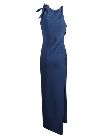 Coperni Midi Dress With Knotted Fabric Flowers In Blue