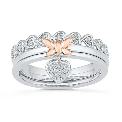 Fine Jewelry Womens 1/10 Ct. T.w. Natural White Diamond 10k Gold Over Silver Butterfly Heart Ring Set In Transparent