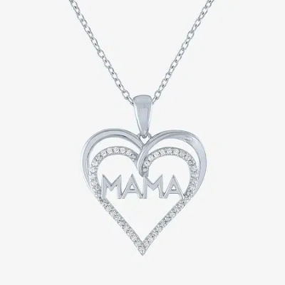 Fine Jewelry "mama" Womens 1/10 Ct. T.w. Natural White Diamond Sterling Silver Heart 18 Inch Pendant Necklace In Transparent