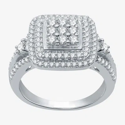 Fine Jewelry (h-i / I1) Womens 1 Ct. T.w. Lab Grown Diamond Sterling Silver Halo Cocktail Ring In Transparent