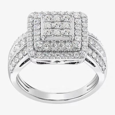 Fine Jewelry Womens 1 Ct. T.w. Lab Grown White Diamond Sterling Silver Cushion Halo Side Stone Cocktail Ring In Transparent