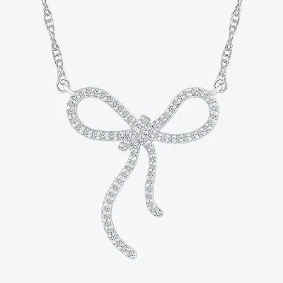 Fine Jewelry Womens 1/8 Ct. T.w. Natural White Diamond Sterling Silver Bow 18 Inch Pendant Necklace In Transparent