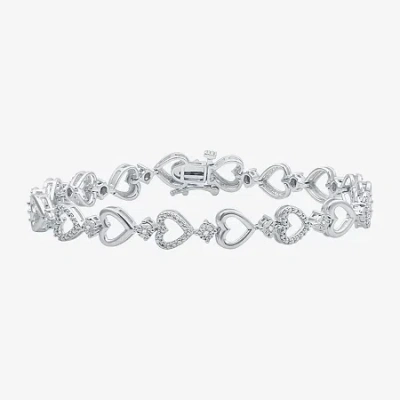 Fine Jewelry Womens 1/10 Ct. T.w. Natural White Diamond Sterling Silver Heart 7 Inch Tennis Bracelet In Transparent