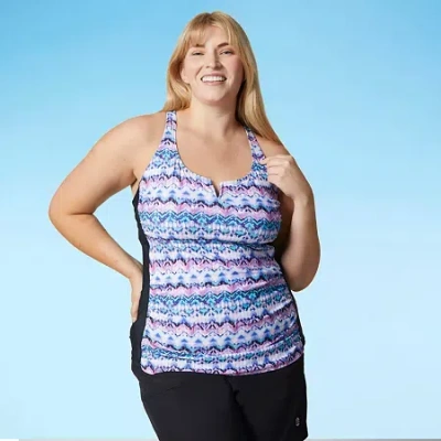 Free Country Womens Built In Bra Shirred Stretch Fabric Plus Tankini Swimsuit Top In Blue