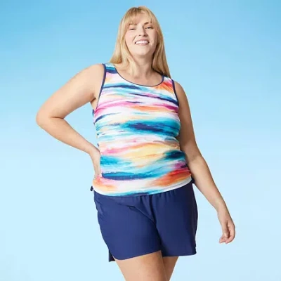 Free Country Womens Built In Bra Shirred Stretch Fabric Striped Plus Tankini Swimsuit Top In Blue