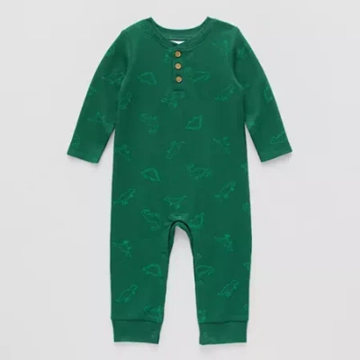 Okie Dokie Waffle Baby Boys Long Sleeve Jumpsuit In Green