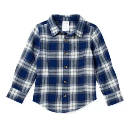 Okie Dokie Woven Plaid Toddler & Little Boys Crew Neck Long Sleeve Fitted Regular Fit Button-down Shirt In Blue