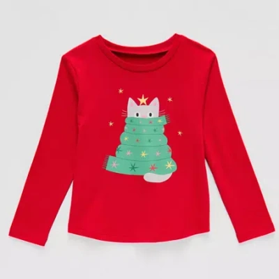 Okie Dokie Toddler & Little Girls Round Neck Long Sleeve Regular Fit Graphic T-shirt In Red