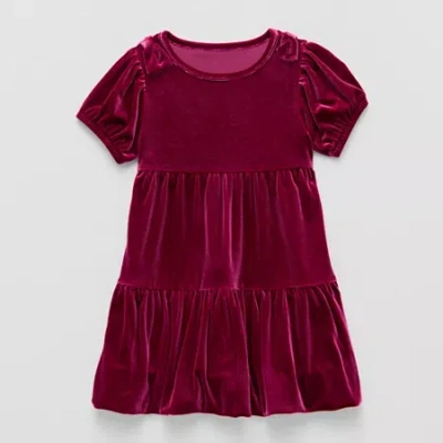Okie Dokie Toddler & Little Girls Velour Short Sleeve Balloon Drop Waist Dress In Red