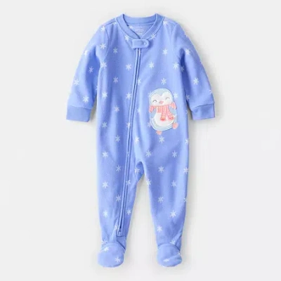 Carter's Baby Girls Snowflake-print Penguin Fleece Loose-fit 1-piece Footed Pajamas In Blue