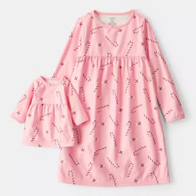 Carter's Family Matching Candy Cane Toddler Girls Fleece Round Neck Long Sleeve 2-pc. Matching Family Nightgo In Pink