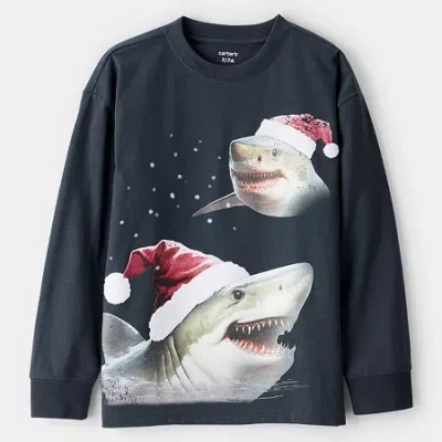 Carter's Holiday Little & Big Kid Boys Round Neck Long Sleeve Regular Fit Graphic T-shirt In Black