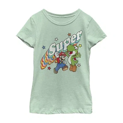 Fifth Sun Little & Big Girls Super Mario Yoshi Crew Neck Short Sleeve Graphic T-shirt In Green