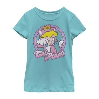 Fifth Sun Princess Peach Little & Big Kid Girls Crew Neck Short Sleeve Slim Fit Super Mario Graphic T-shirt In Green