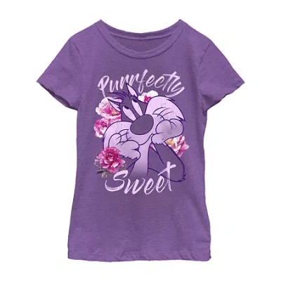 Fifth Sun Little & Big Kid Girls Crew Neck Short Sleeve Slim Fit Looney Tunes Graphic T-shirt In Purple