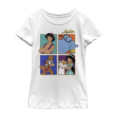 Fifth Sun Disney Little & Big Kid Girls Crew Neck Short Sleeve Regular Fit Aladdin Graphic T-shirt In White