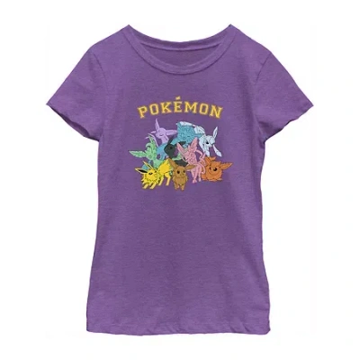 Fifth Sun Little & Big Kid Girls Crew Neck Short Sleeve Regular Fit Pokeman Graphic T-shirt In Purple