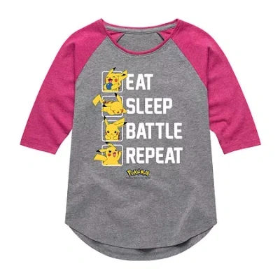 Air Waves Little & Big Kid Girls Crew Neck 3/4 Sleeve Regular Fit Pokeman Graphic T-shirt In Gray