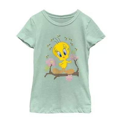 Fifth Sun Tweety Little & Big Kid Girls Crew Neck Short Sleeve Regular Fit Looney Tunes Graphic T-shirt In Green