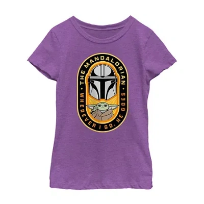Fifth Sun The Mandalorian Little & Big Kid Girls Crew Neck Short Sleeve Regular Fit Star Wars Graphic T-shirt In Purple