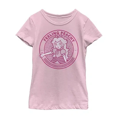 Fifth Sun Princess Peach Little & Big Kid Girls Crew Neck Short Sleeve Slim Fit Super Mario Graphic T-shirt In Pink