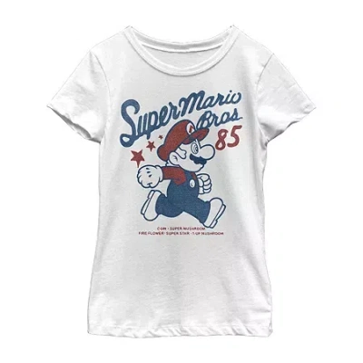 Fifth Sun Little & Big Kid Girls Crew Neck Short Sleeve Regular Fit Super Mario Graphic T-shirt In White