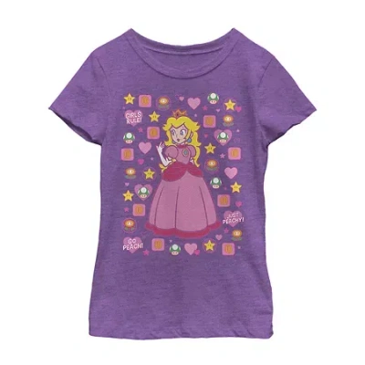 Fifth Sun Princess Peach Little & Big Kid Girls Crew Neck Short Sleeve Slim Fit Super Mario Graphic T-shirt In Purple