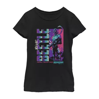 Fifth Sun Little & Big Kid Girls Round Neck Short Sleeve Regular Fit Blue Beetle Graphic T-shirt In Black