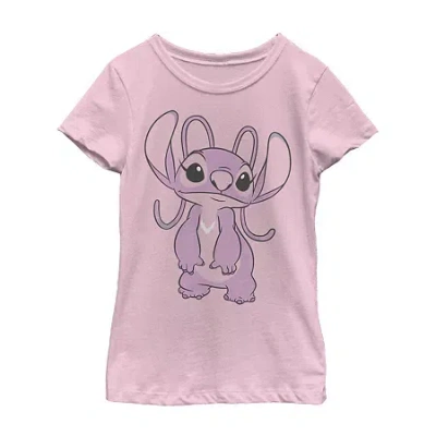 Fifth Sun Little & Big Kid Girls Crew Neck Short Sleeve Slim Fit Lilo & Stitch Graphic T-shirt In Pink