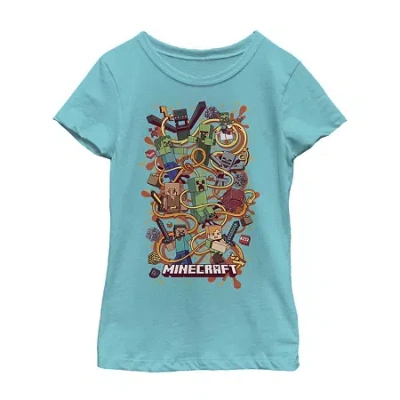 Fifth Sun Little & Big Kid Girls Crew Neck Short Sleeve Regular Fit Minecraft Graphic T-shirt In Blue