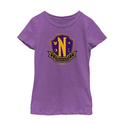 Fifth Sun Little & Big Kid Girls Crew Neck Short Sleeve Regular Fit Wednesday Addams Graphic T-shirt In Purple